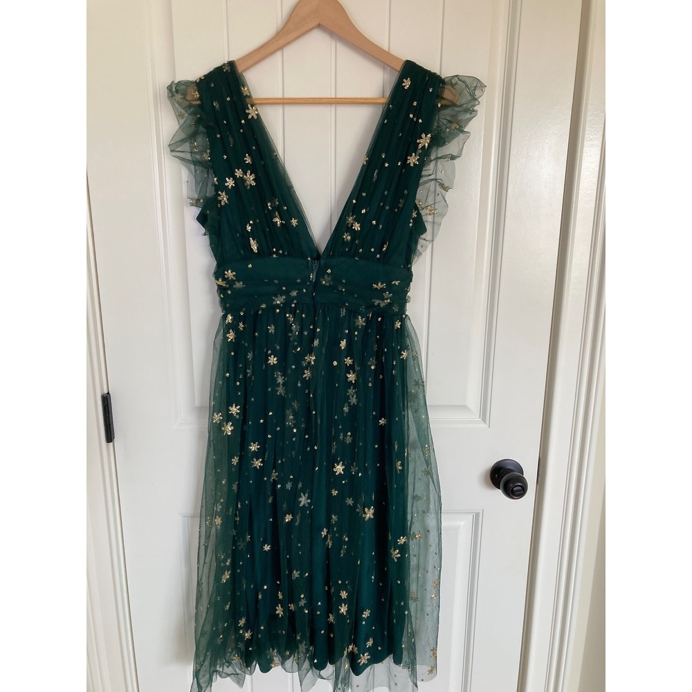 Soieblu Forest Green Tulle Gold Glitter Star Snowflake V-Neck Midi Dress M - Picture 5 of 9